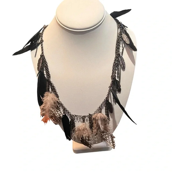 Boho Silver Chain Feather Statement Necklace Real Feathers Festival Western Art - Picture 2 of 8